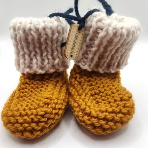Baby Boots - Hand knitted - Mustard sock with cream cuff - Nikki Dellavia