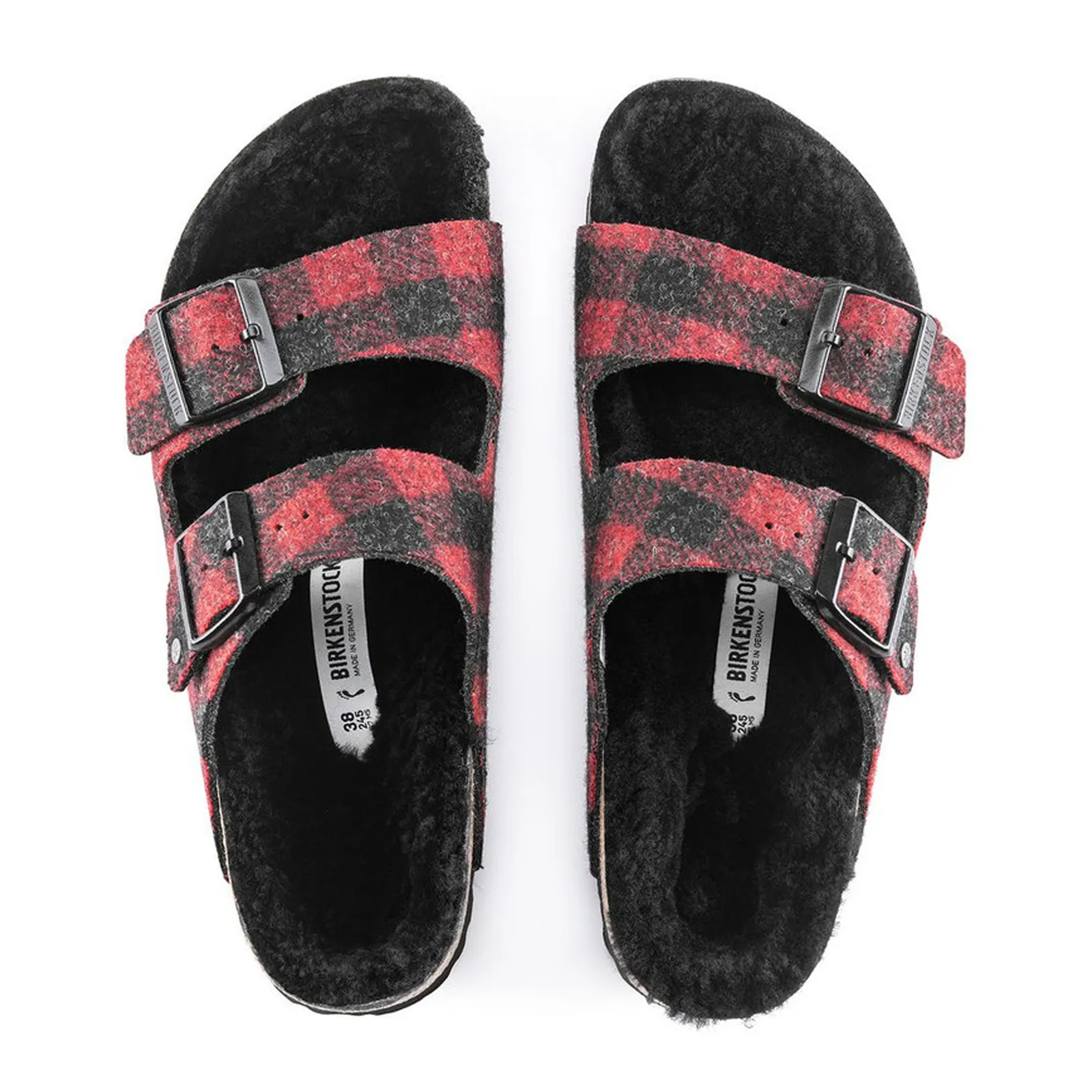 Birkenstock Arizona Narrow Slide Sandal (Women) - Red Plaid Wool/Black Shearling