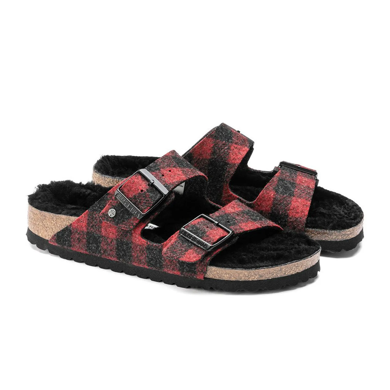 Birkenstock Arizona Narrow Slide Sandal (Women) - Red Plaid Wool/Black Shearling
