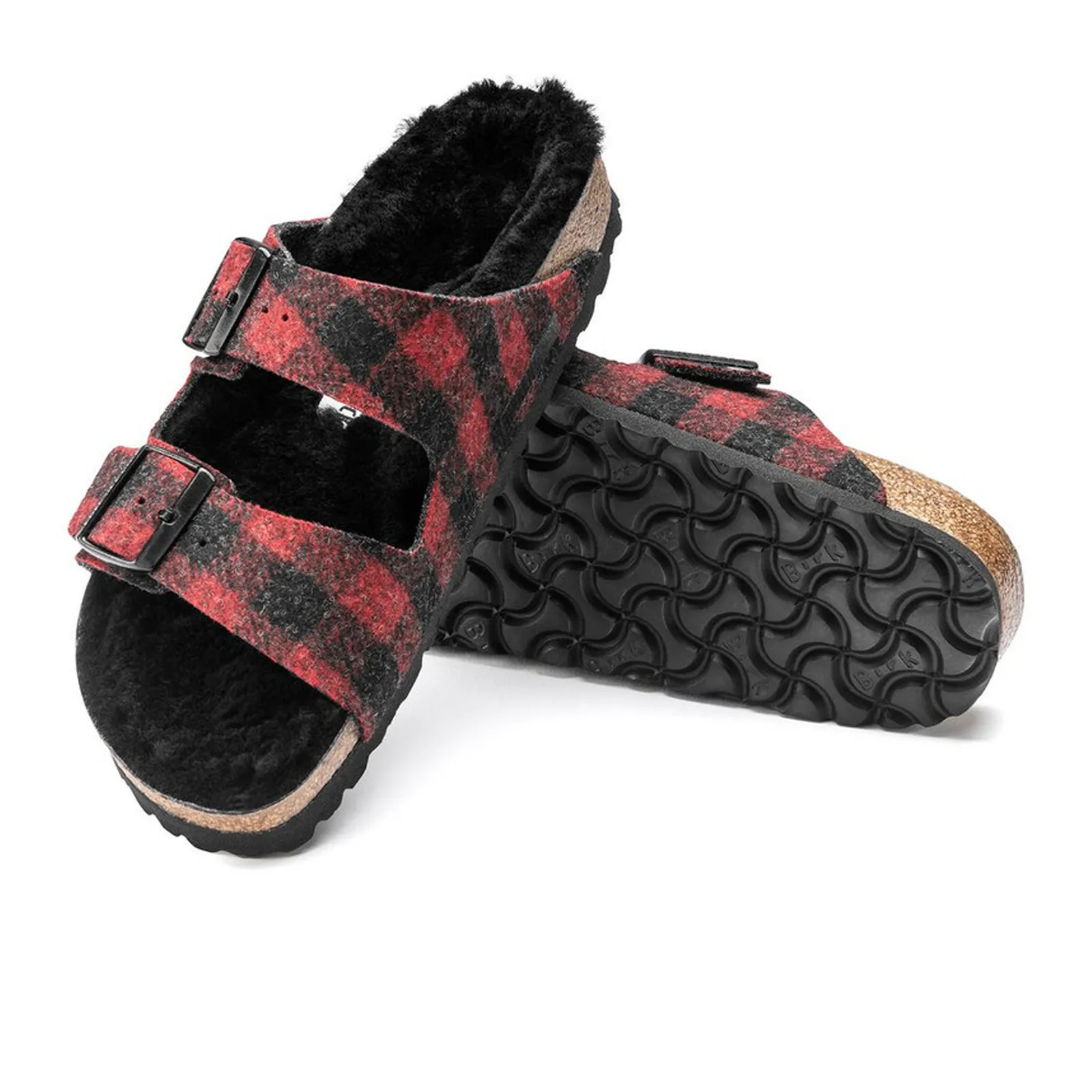 Birkenstock Arizona Narrow Slide Sandal (Women) - Red Plaid Wool/Black Shearling