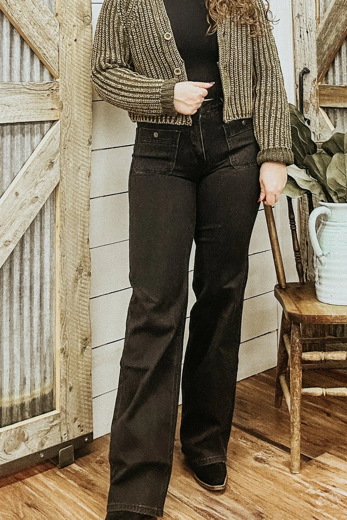 Black Relaxed Flare with Patch Front Pockets