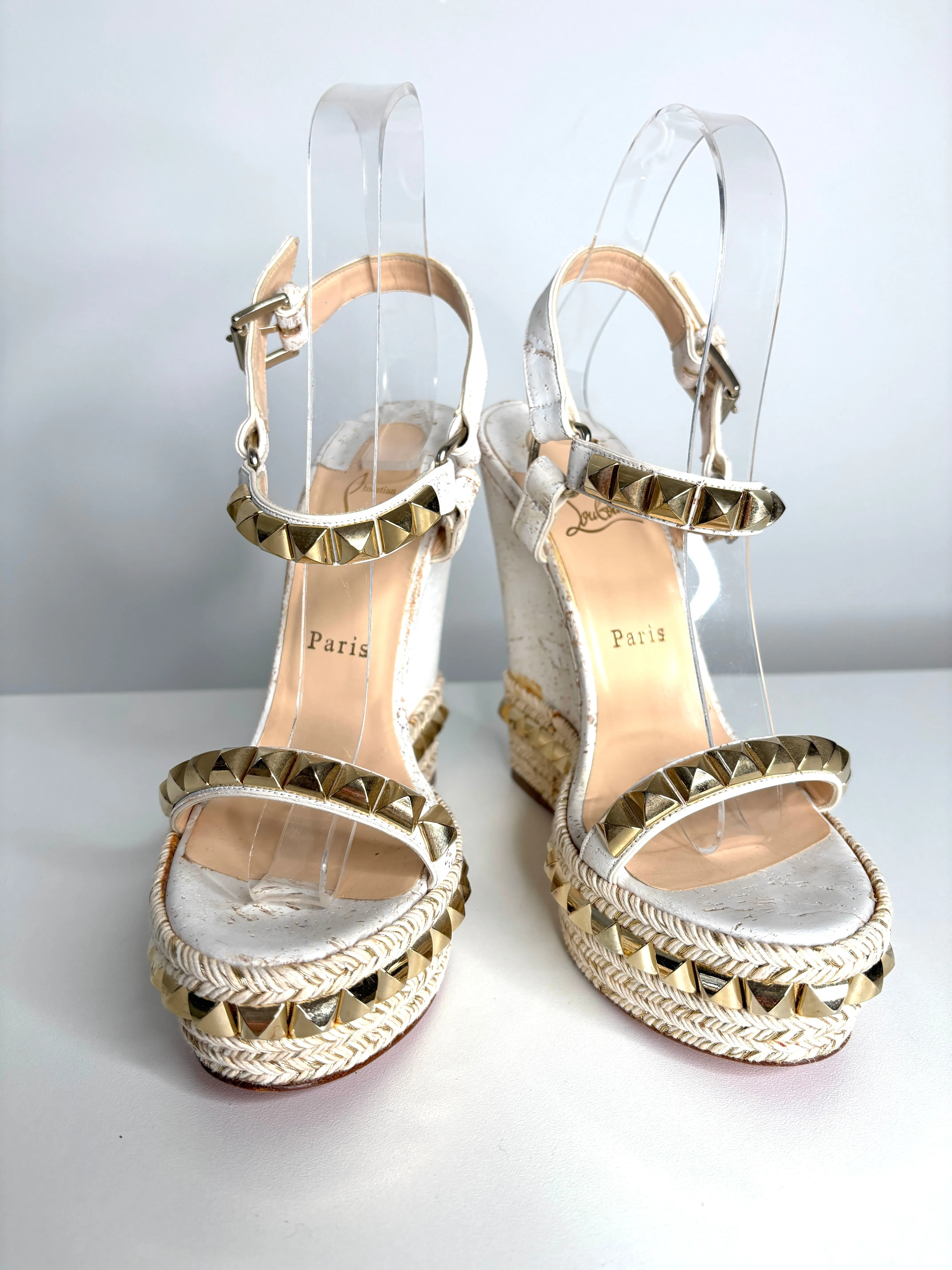 Christian Louboutin Cataclou White/Light Gold Wedge Sandals 38 UK5