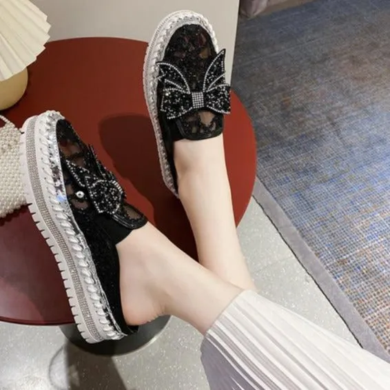 Crystals Round Toe Leather Flats Shoes Women Silver Bling Loafers Couple Platform Shoes Woman Flat With Students Size 43