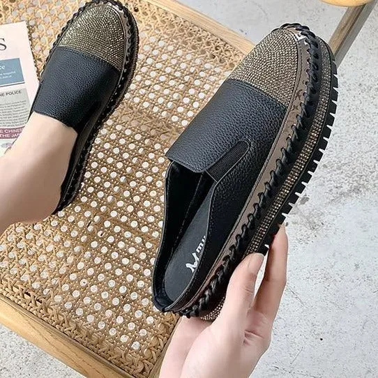 Crystals Round Toe Leather Flats Shoes Women Silver Bling Loafers Couple Platform Shoes Woman Flat With Students Size 43
