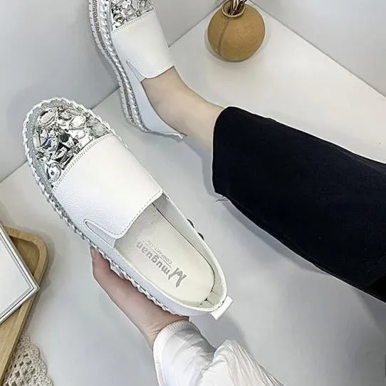 Crystals Round Toe Leather Flats Shoes Women Silver Bling Loafers Couple Platform Shoes Woman Flat With Students Size 43