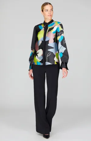 Floral Fresco Mandarin Collar Blouse w/Relaxed Sleeve