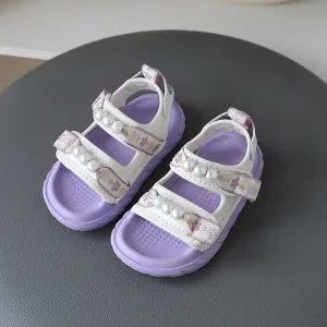 FLORAL PRINTED PEARL APPLIQUE SANDAL - PURPLE