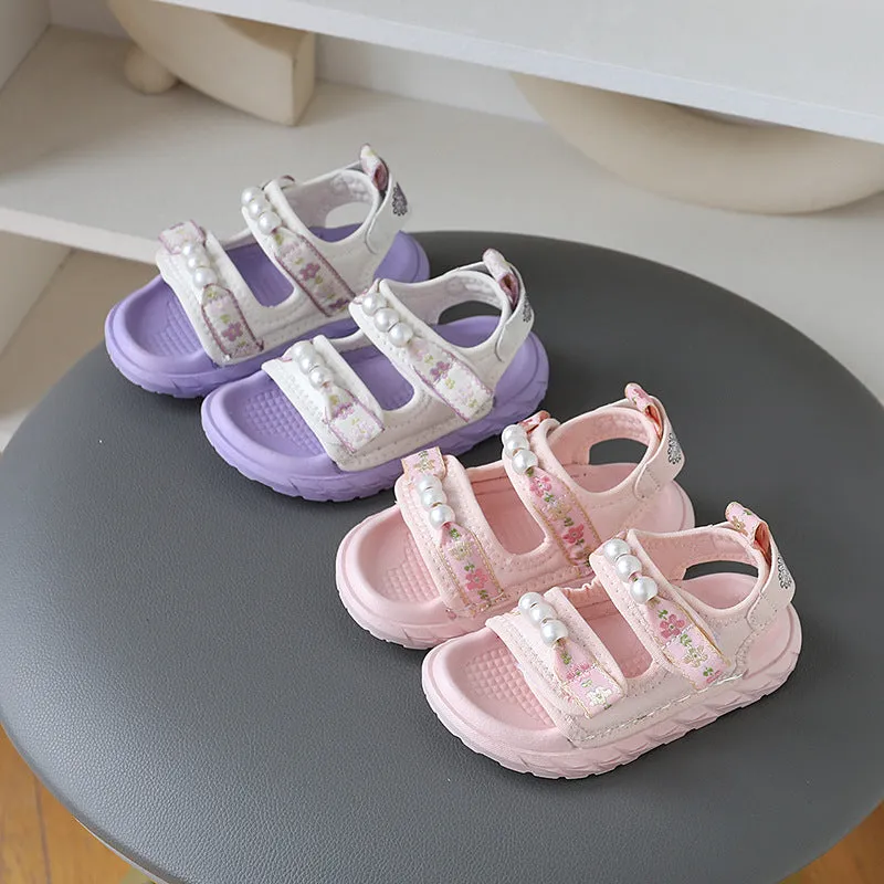 FLORAL PRINTED PEARL APPLIQUE SANDAL - PURPLE