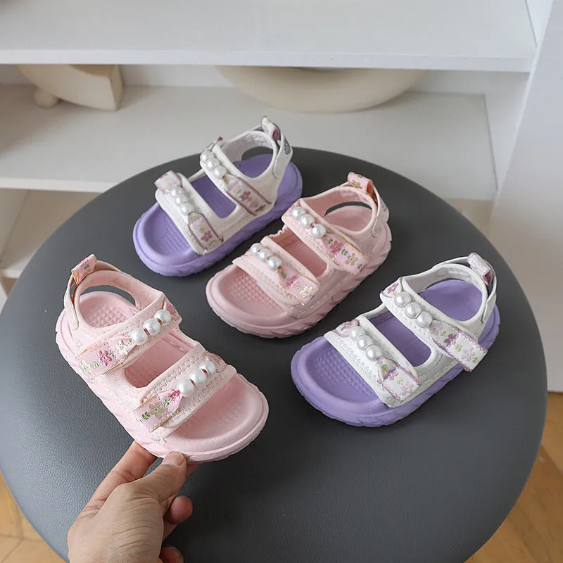 FLORAL PRINTED PEARL APPLIQUE SANDAL - PURPLE