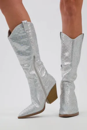 Glitter Rhinestone Boots -Silver