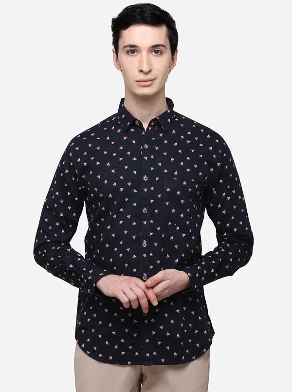 Indigo Blue Printed Slim Fit Casual Shirt | Greenfibre