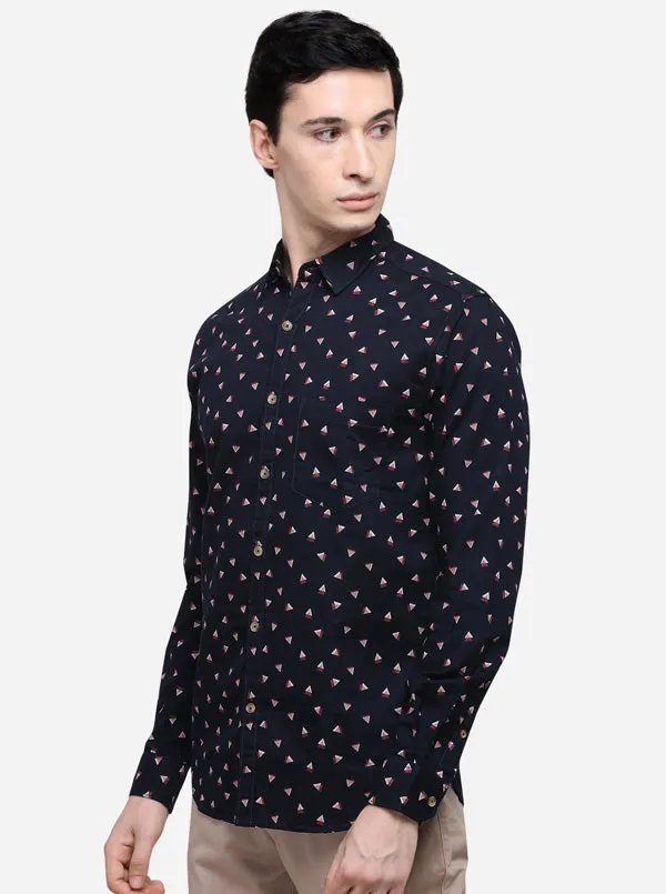 Indigo Blue Printed Slim Fit Casual Shirt | Greenfibre