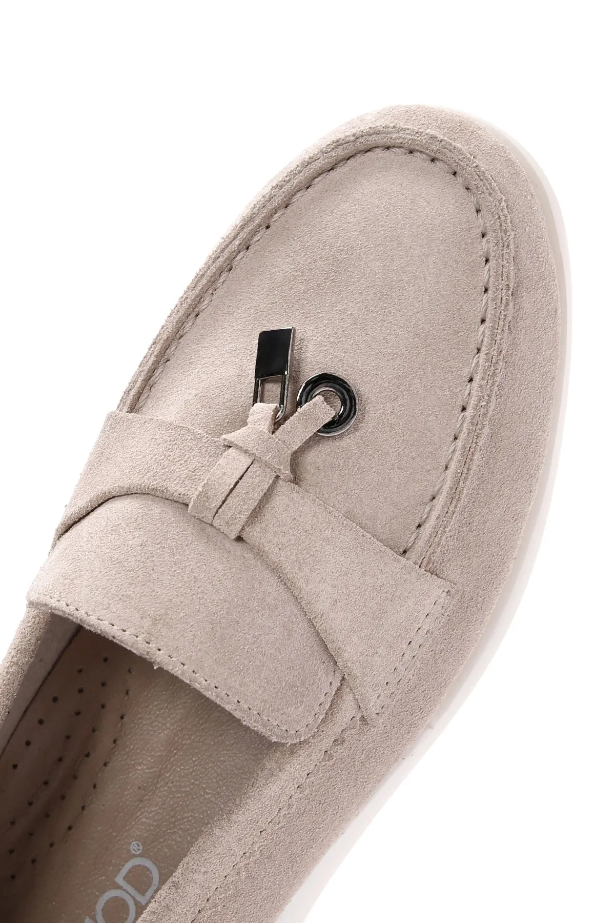 Kadın Bej Tokalı Süet Deri Comfort Loafer