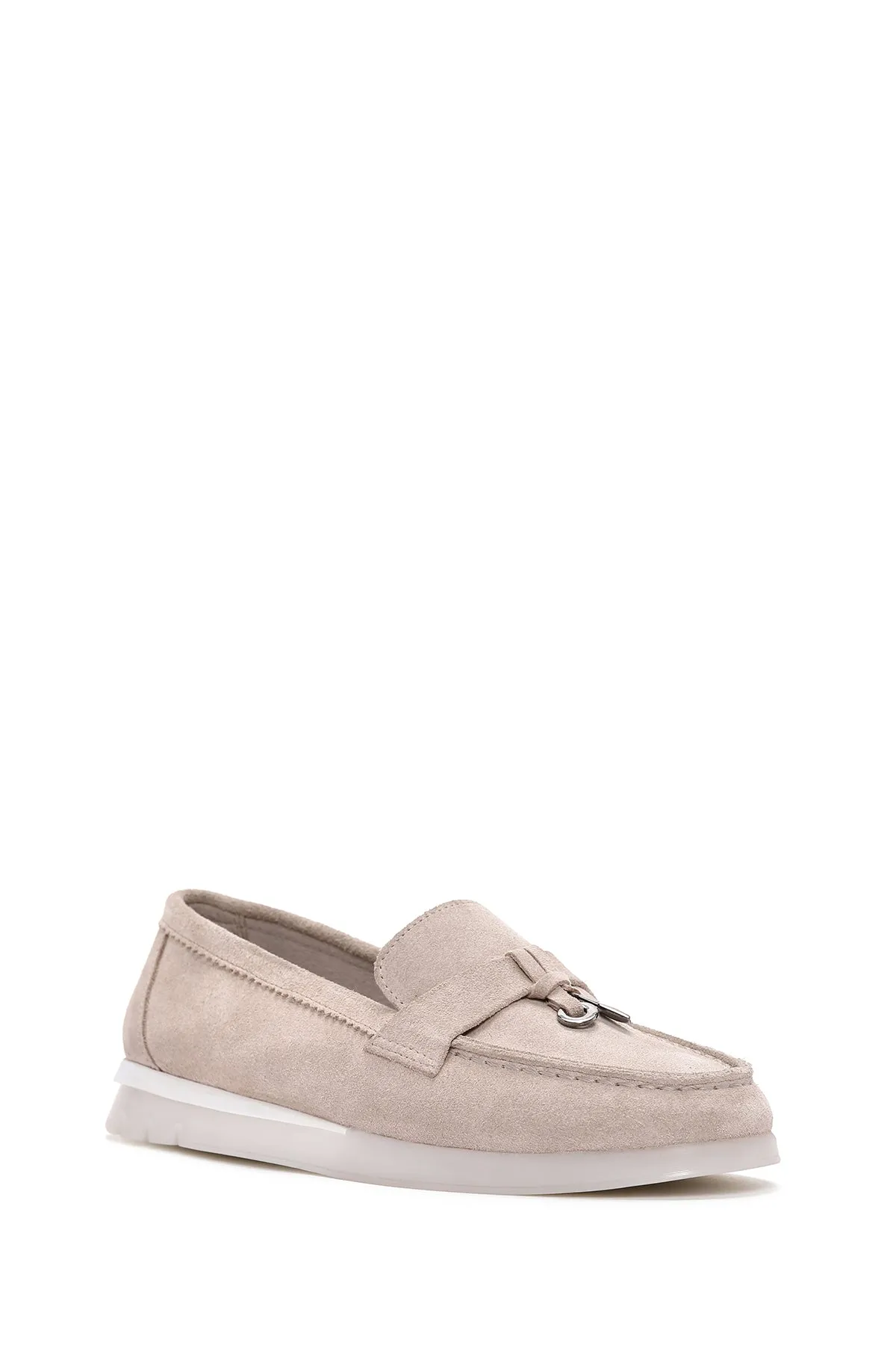Kadın Bej Tokalı Süet Deri Comfort Loafer