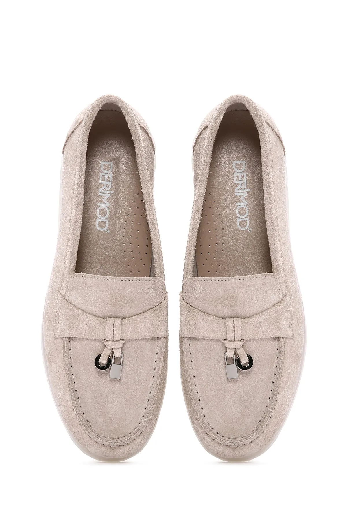 Kadın Bej Tokalı Süet Deri Comfort Loafer
