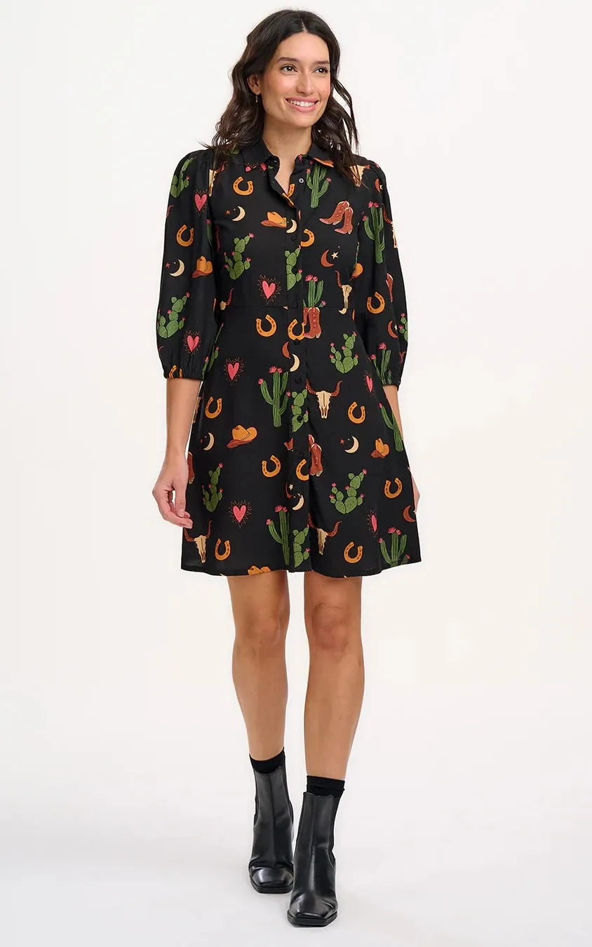 Mildred Shirt Dress Black Cowgirl Print