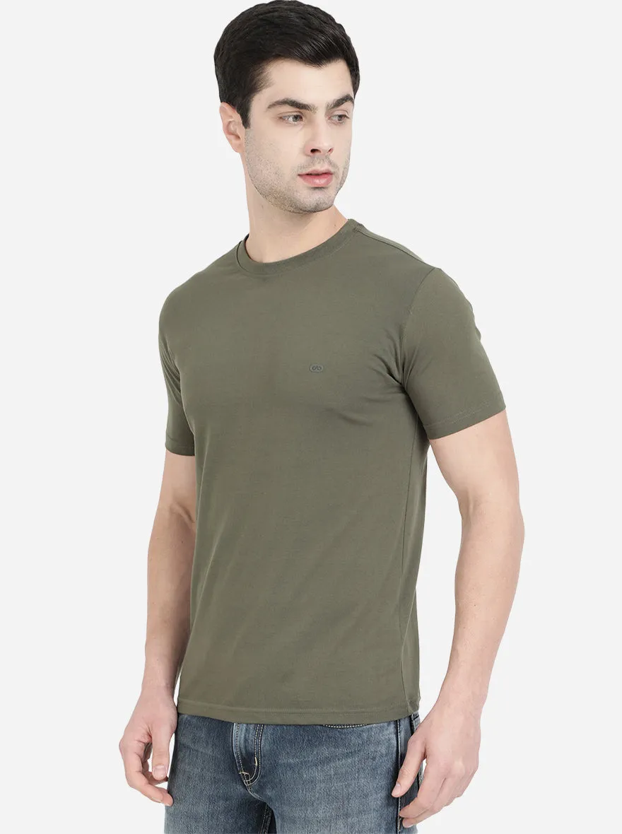 Olive Green Solid Slim Fit T-Shirt | JadeBlue