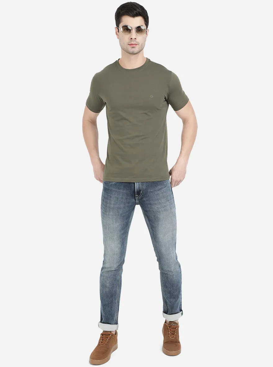 Olive Green Solid Slim Fit T-Shirt | JadeBlue