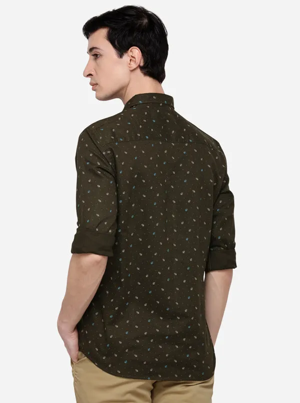 Olive Tailored Fit Printed Casual Shirt | JadeBlue