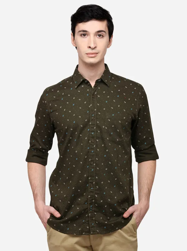 Olive Tailored Fit Printed Casual Shirt | JadeBlue
