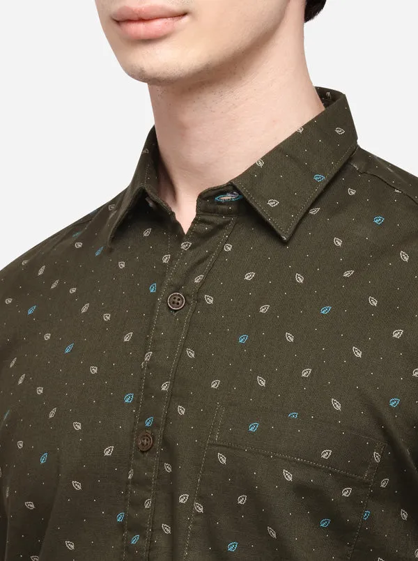 Olive Tailored Fit Printed Casual Shirt | JadeBlue