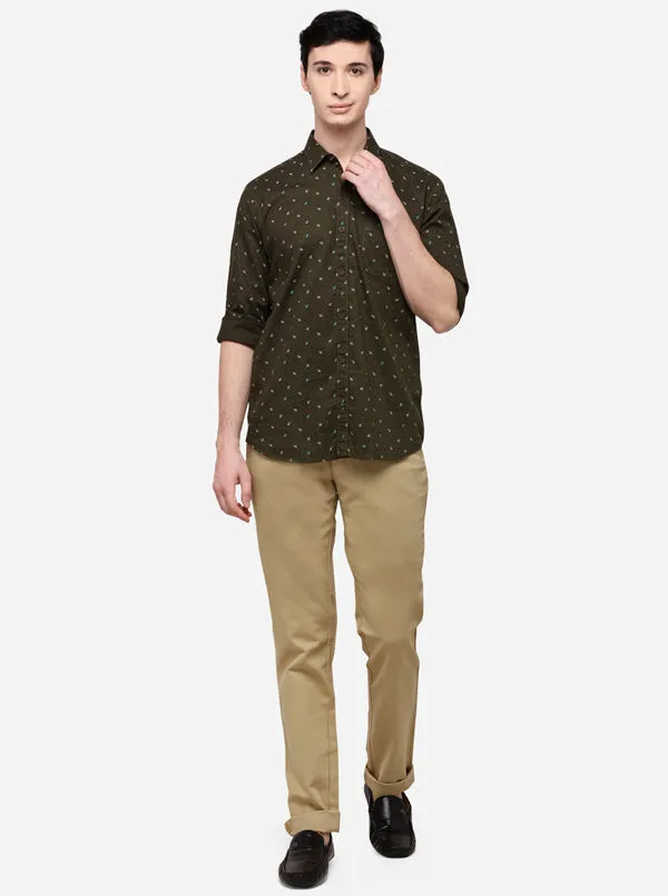 Olive Tailored Fit Printed Casual Shirt | JadeBlue