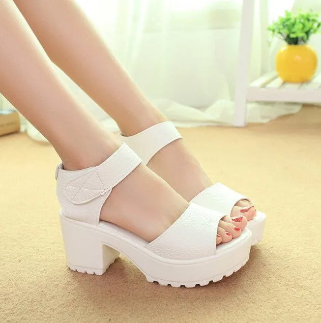 Pep-toe Woman Sandals,Platform Thick Heel Women Shoes Hook & Loop All Match Shoes For Ladies 835