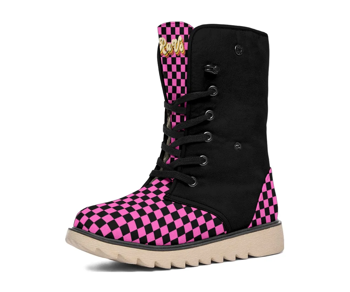 Pink Checkered Suede Snow Boots
