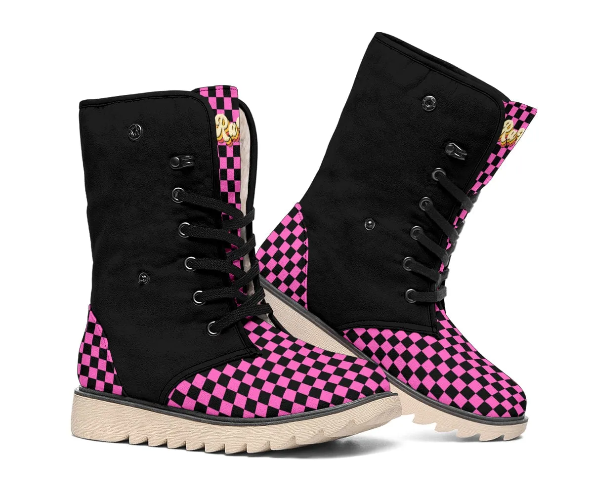 Pink Checkered Suede Snow Boots
