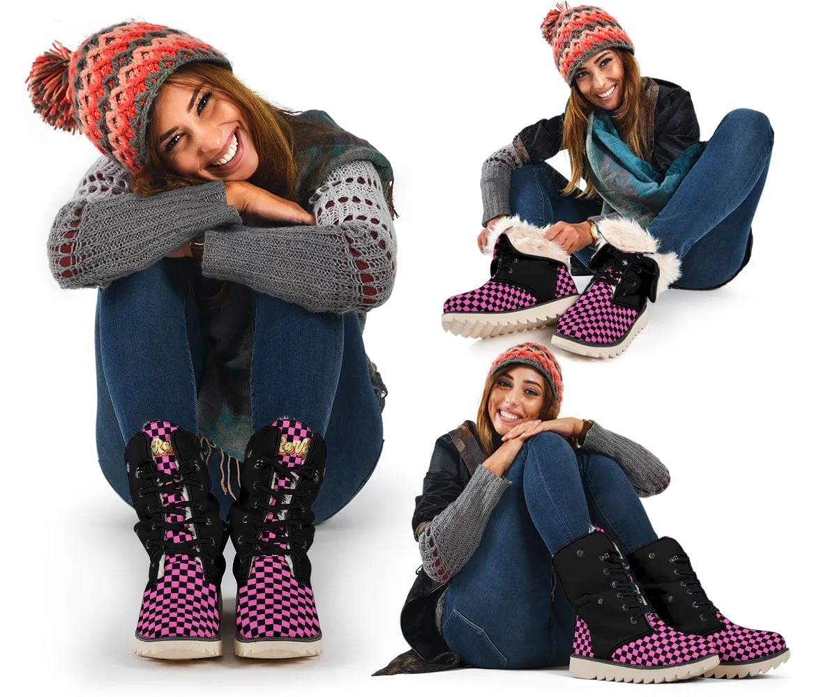 Pink Checkered Suede Snow Boots