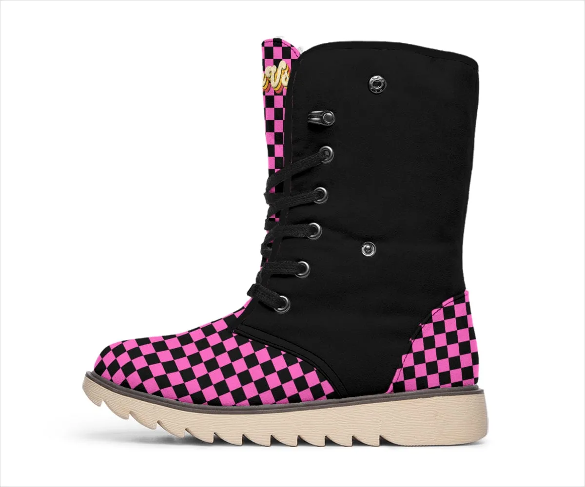 Pink Checkered Suede Snow Boots