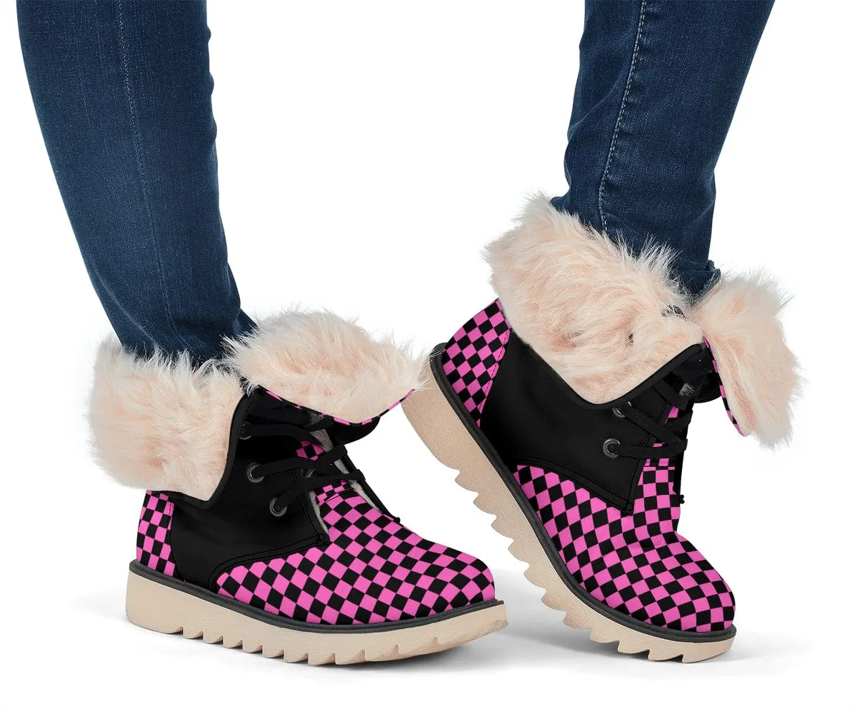 Pink Checkered Suede Snow Boots