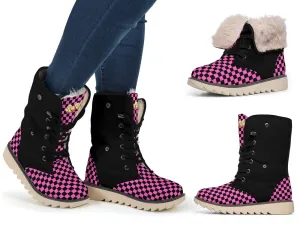 Pink Checkered Suede Snow Boots