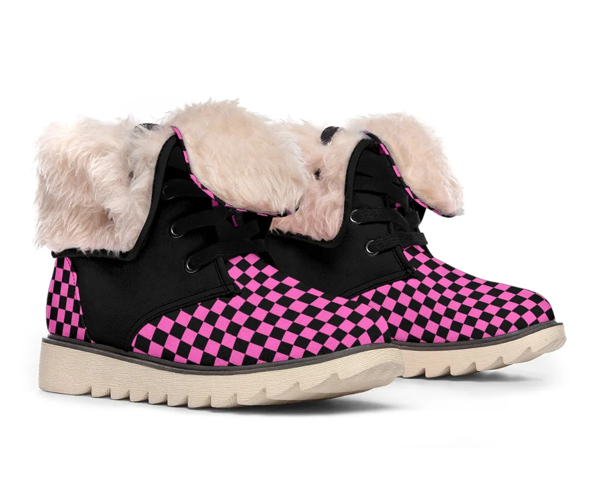 Pink Checkered Suede Snow Boots