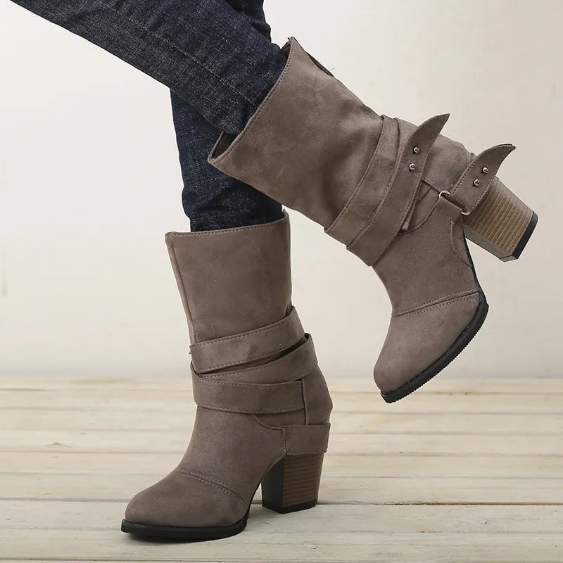 Round Toe Med Square Heel Boots Winter Zipper Warm Boots Band Flock Boots
