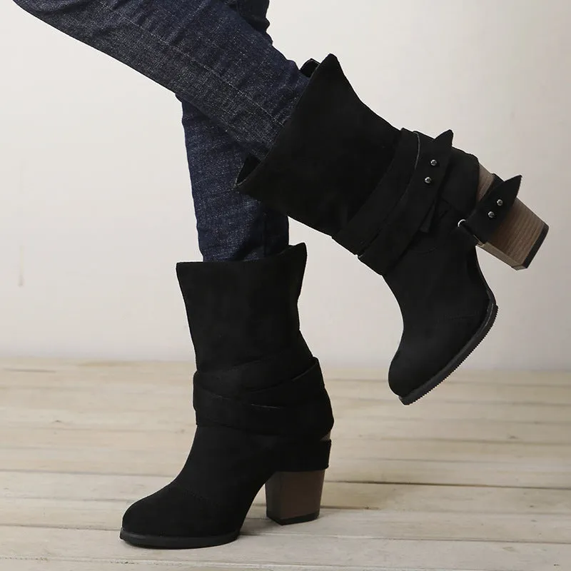 Round Toe Med Square Heel Boots Winter Zipper Warm Boots Band Flock Boots