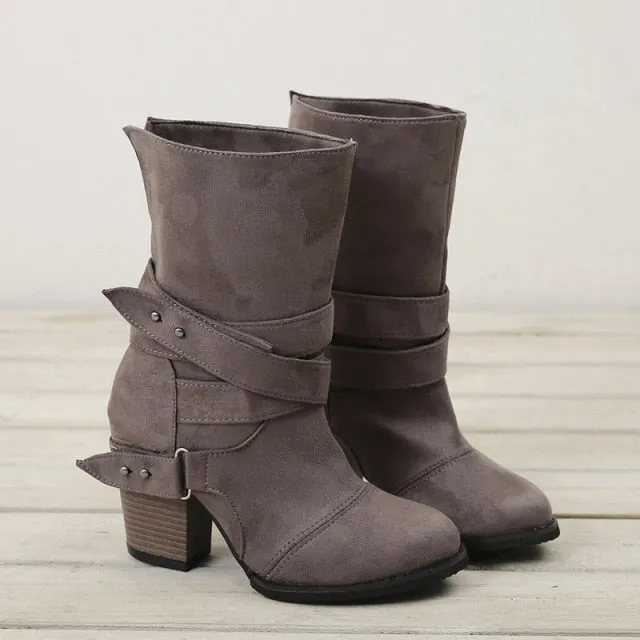 Round Toe Med Square Heel Boots Winter Zipper Warm Boots Band Flock Boots