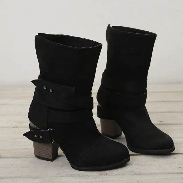 Round Toe Med Square Heel Boots Winter Zipper Warm Boots Band Flock Boots