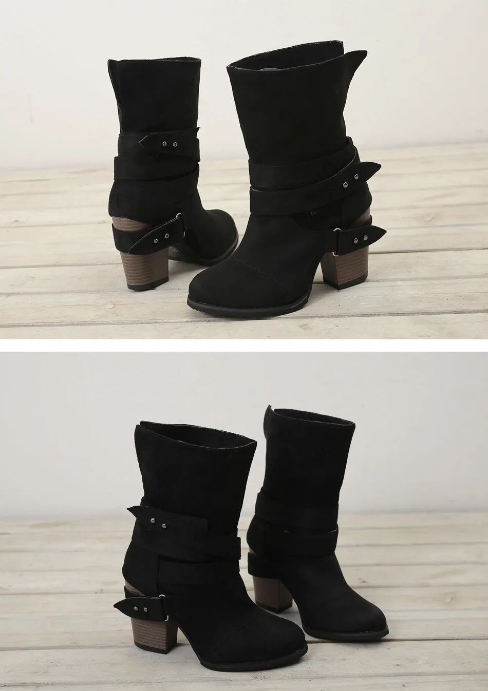 Round Toe Med Square Heel Boots Winter Zipper Warm Boots Band Flock Boots