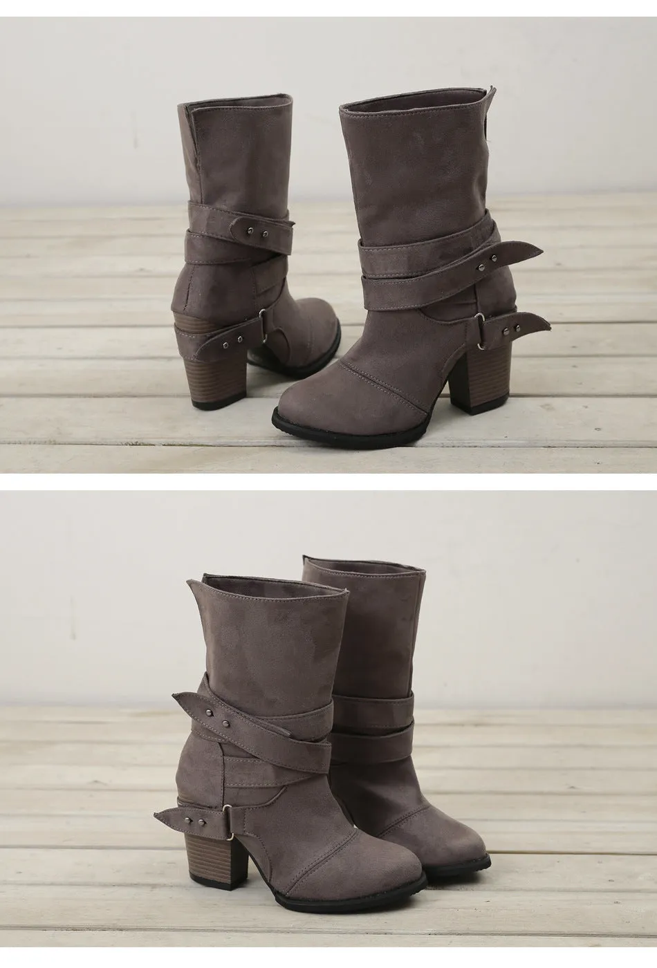Round Toe Med Square Heel Boots Winter Zipper Warm Boots Band Flock Boots