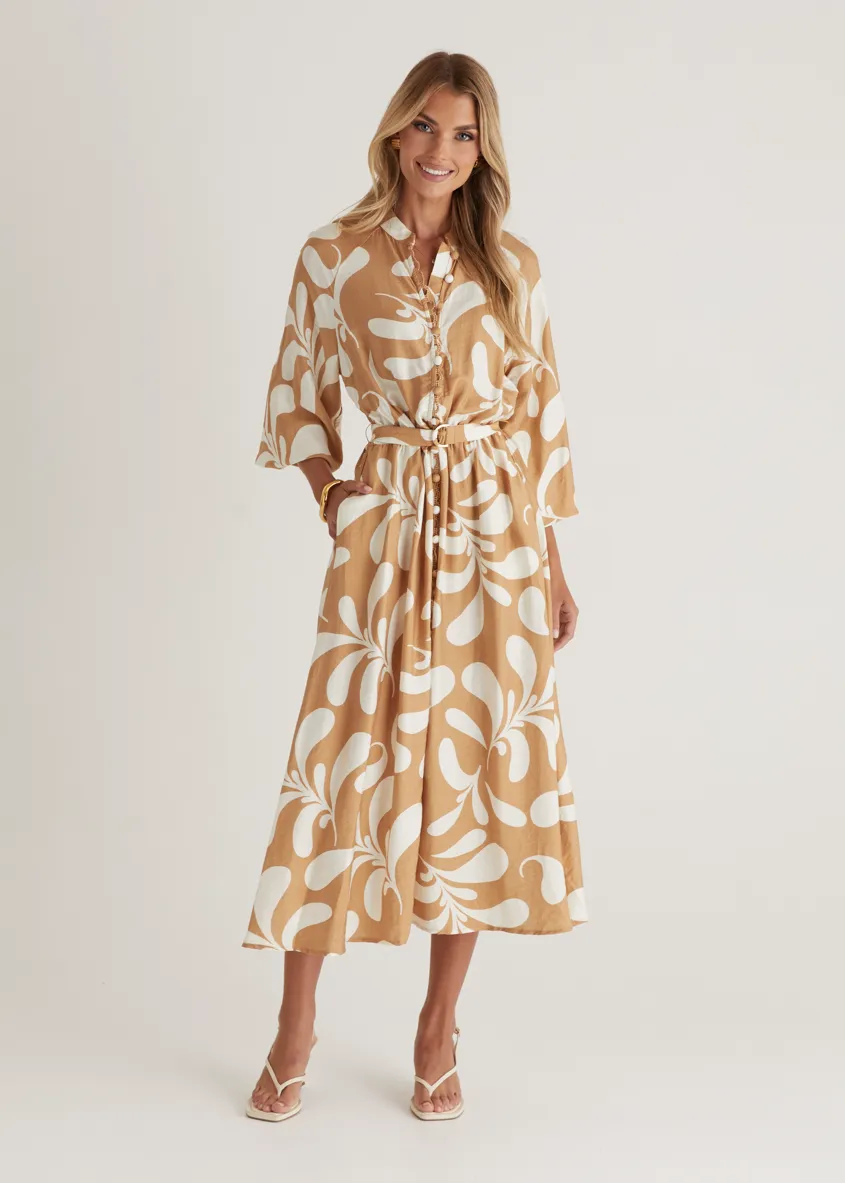 Shylah Midi Dress - Camel Swirl