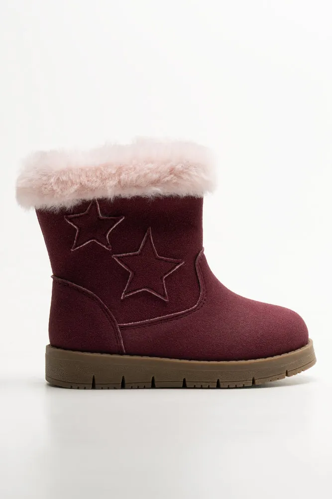 Star Fur Trim Long Boots Red