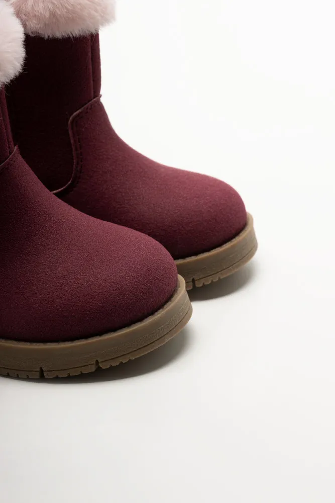 Star Fur Trim Long Boots Red
