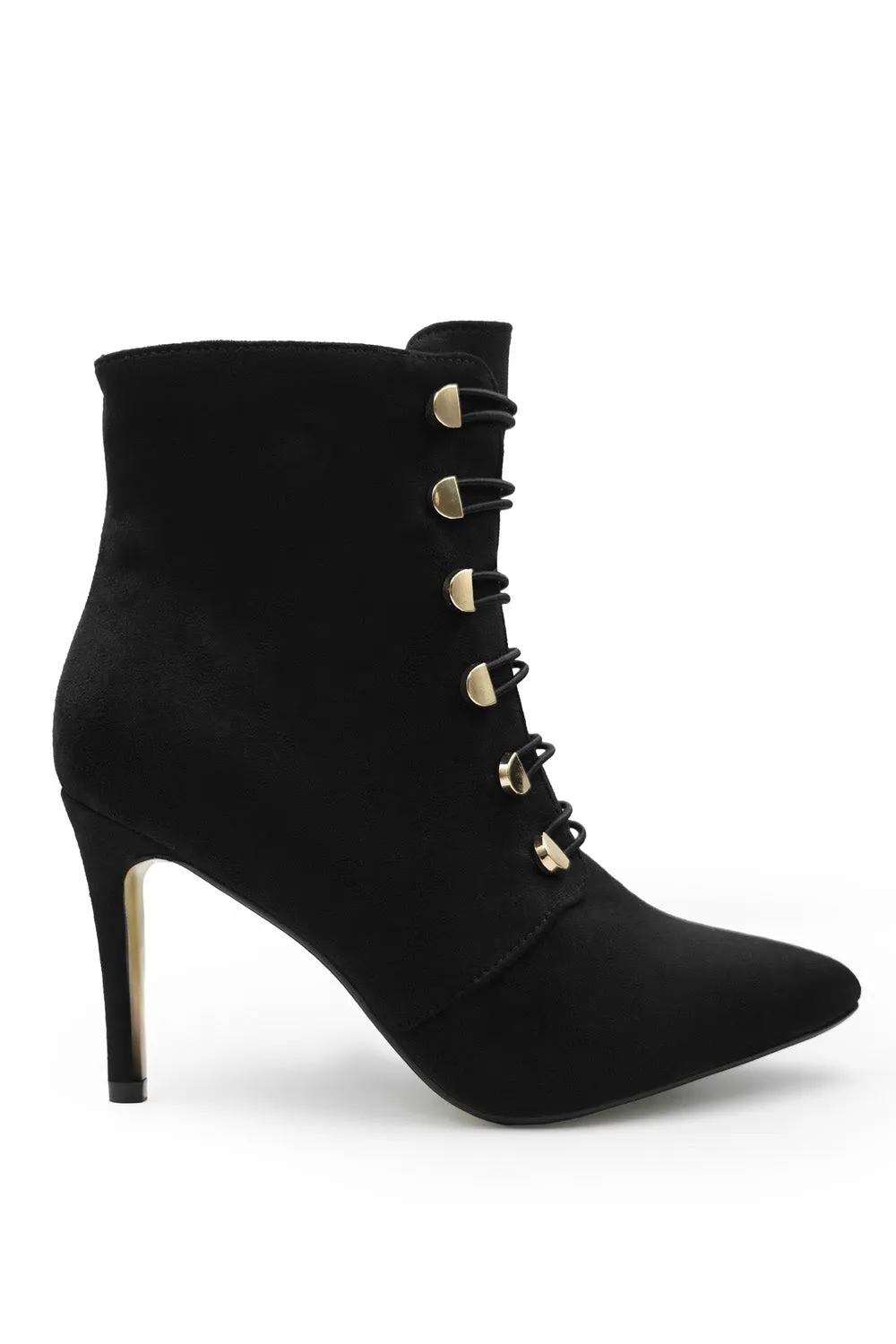 TILDA POINTED TOE MID HEEL ANKLE BOOTS WITH GOLD BUTTONS IN BLACK