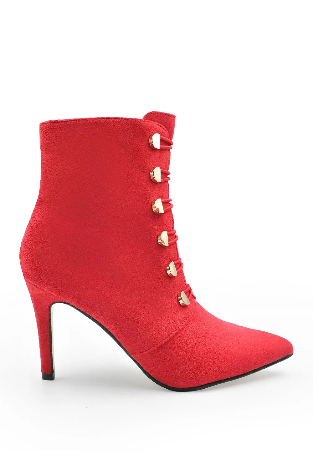 TILDA POINTED TOE MID HEEL ANKLE BOOTS WITH GOLD BUTTONS IN RED