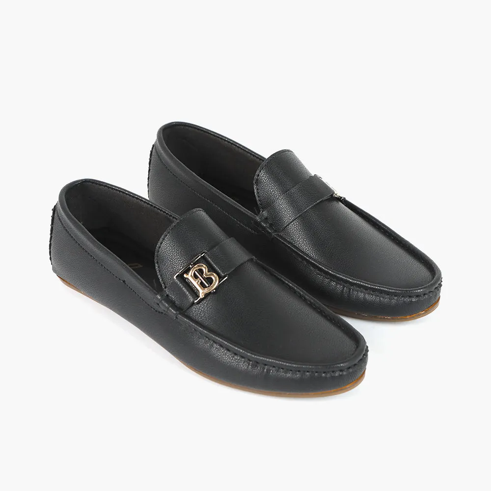 Valuable Black Leather Loafers with Stylish 'B' Metal Accent