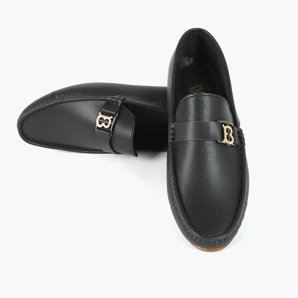 Valuable Black Leather Loafers with Stylish 'B' Metal Accent