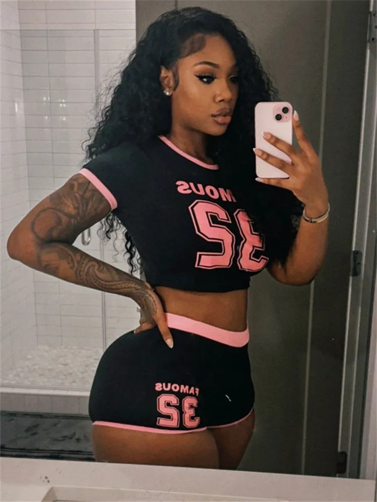 Vibrant Summer Sports Letter Print Crop Top and Shorts Two-Piece Set