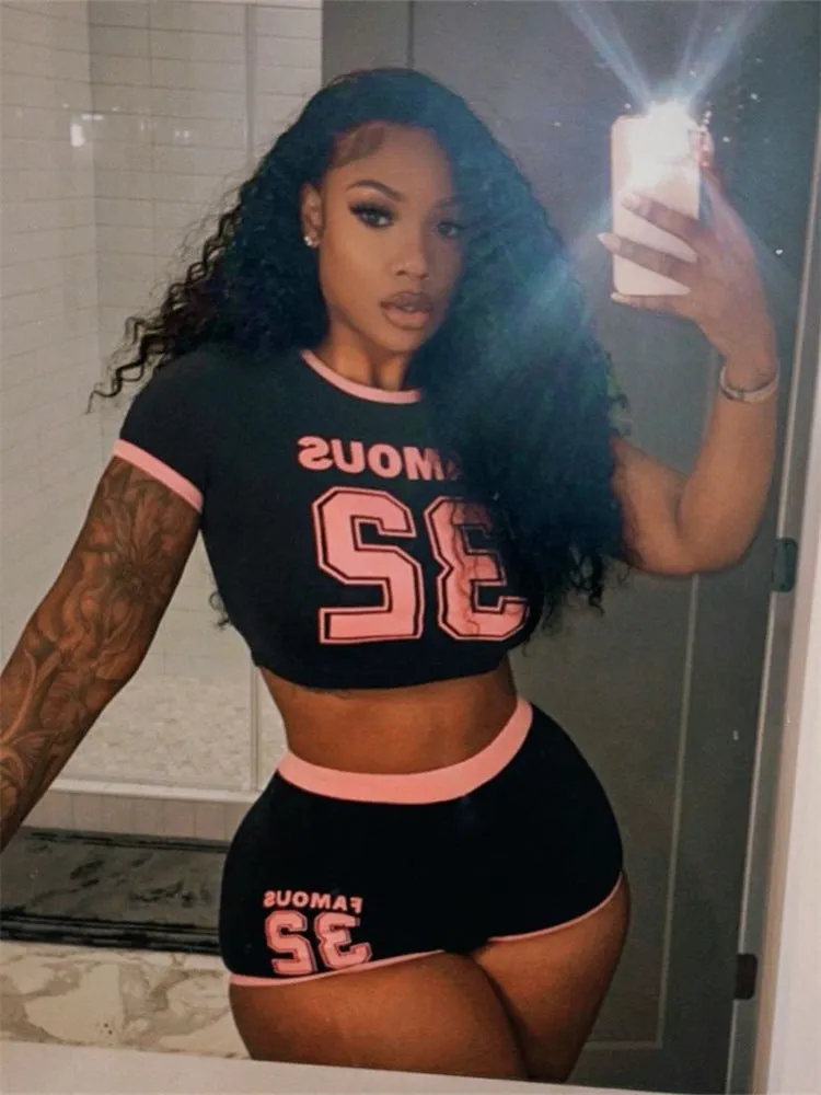 Vibrant Summer Sports Letter Print Crop Top and Shorts Two-Piece Set
