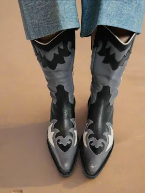 Vintage Ornarina Italian Leather Western Boots – Black & Grey Cutout Design size 37